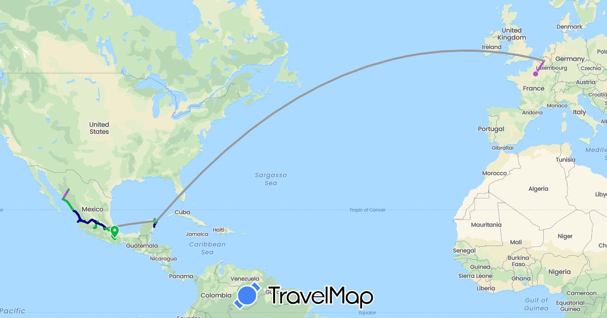 TravelMap itinerary: driving, bus, plane, train, boat in Belgium, France, Mexico (Europe, North America)